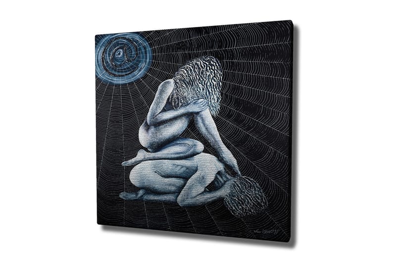 Lærredsbillede - Intim scene med to nøgne figurer i en kompleks stilling, Mørkeblå / Lyseblå / Sort