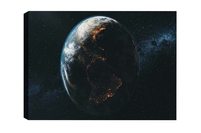 Lærredsbillede - Jorden set fra rummet med lys der fremhæver byerne, Blå / Grøn / Sort