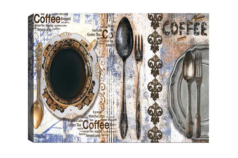 Lærredsbillede - Kaffe og bestik på en dekoreret tallerken, Sort / Guld / Grå