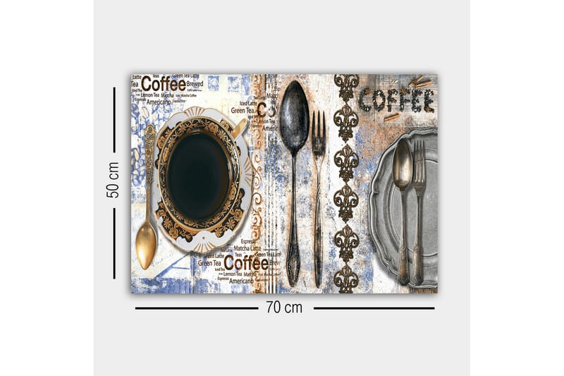 Lærredsbillede - Kaffe og bestik på en dekoreret tallerken - Sort / Guld / Grå - Boligtilbehør - Billeder & kunst - Billeder på lærred
