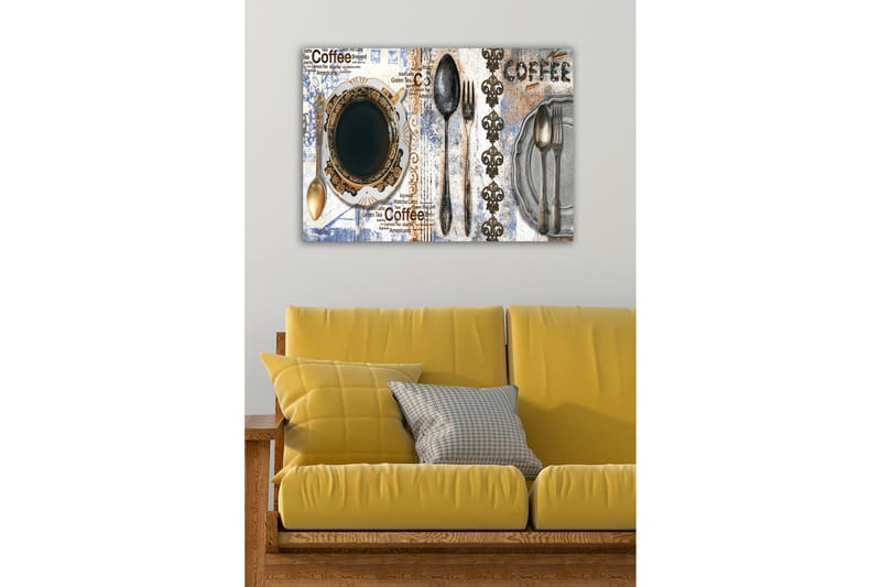 Lærredsbillede - Kaffe og bestik på en dekoreret tallerken - Sort / Guld / Grå - Boligtilbehør - Billeder & kunst - Billeder på lærred