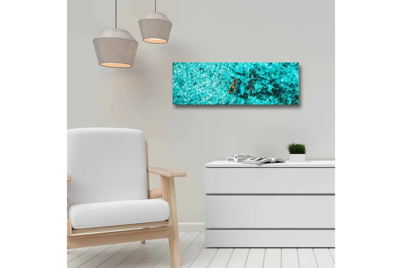 Lærredsbillede - Kajakpadling gennem klart turkisblåt vand - Turkis / Sort / Orange - Boligtilbehør - Billeder & kunst - Billeder på lærred