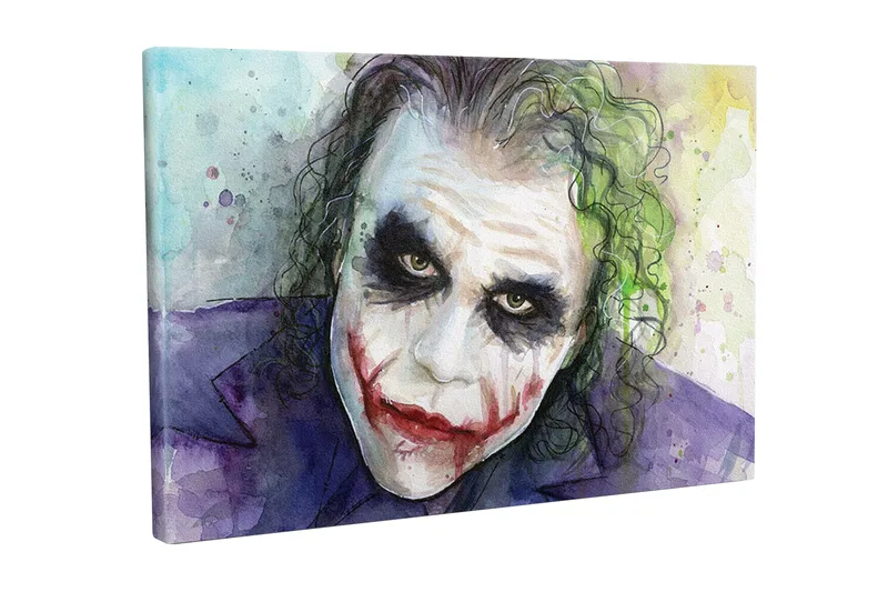 Lærredsbillede - Karakterbillede af en joker med dramatisk makeup og udtryksfulde øjne, Lilla / Grøn / Hvid