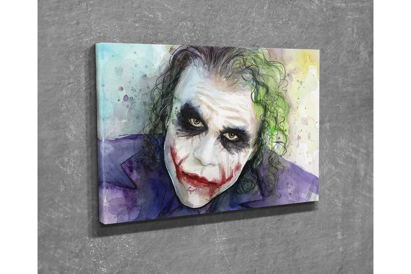 Lærredsbillede - Karakterbillede af en joker med dramatisk makeup og udtryksfulde øjne - Lilla / Grøn / Hvid - Boligtilbehør - Billeder & kunst - Billeder på lærred