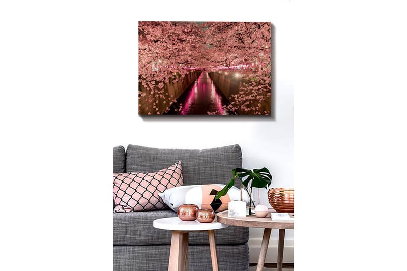 Lærredsbillede - Kirsebærblomster ved en kanal - Lyserød / Grøn / Lilla - Boligtilbehør - Billeder & kunst - Billeder på lærred