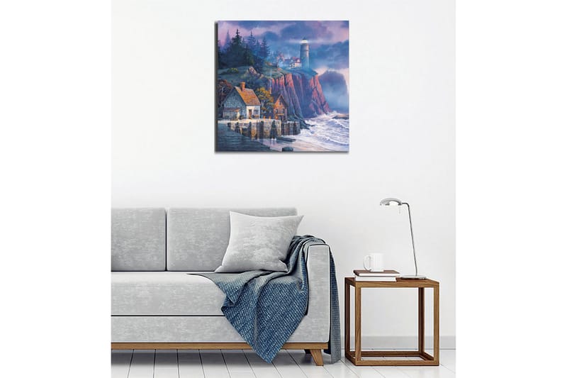 Lærredsbillede - Klippekyst med fyrtårn og maleriske huse - Mørkeblå / Grå / Rød - Boligtilbehør - Billeder & kunst - Billeder på lærred