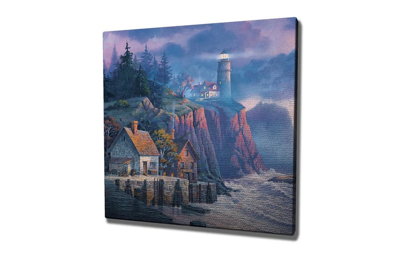 Lærredsbillede - Klippekyst med fyrtårn og maleriske huse - Mørkeblå / Grå / Rød - Boligtilbehør - Billeder & kunst - Billeder på lærred