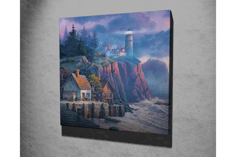 Lærredsbillede - Klippekyst med fyrtårn og maleriske huse - Mørkeblå / Grå / Rød - Boligtilbehør - Billeder & kunst - Billeder på lærred