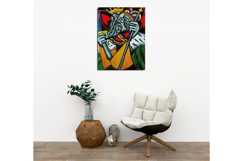 Lærredsbillede - Kongelig figur med et trist udtryk og detaljeret krone - Grøn / Rød / Blå - Boligtilbehør - Billeder & kunst - Billeder på lærred