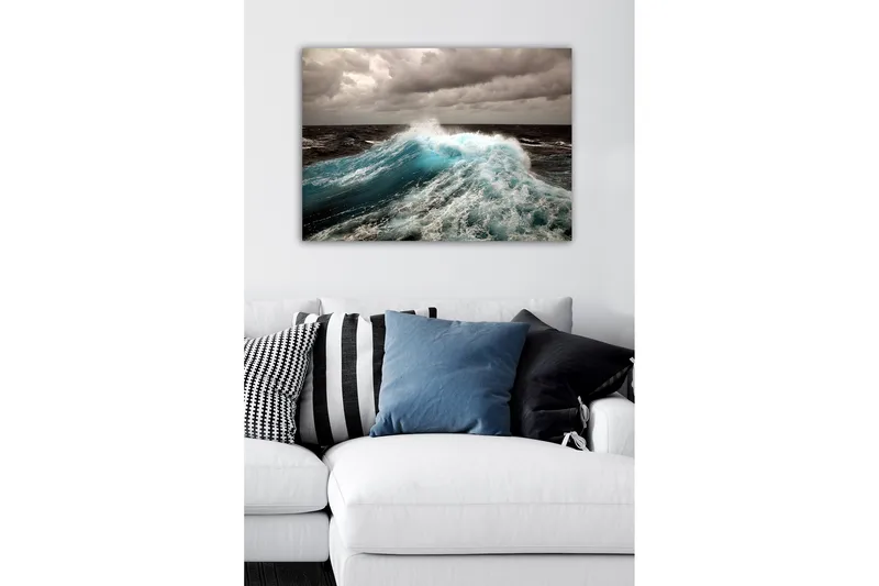 Lærredsbillede - Kraftig bølge der bryder mod overfladen - Turkis / Mørkeblå / Grå - Boligtilbehør - Billeder & kunst - Billeder på lærred