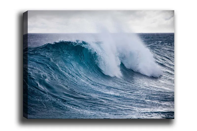 Lærredsbillede - Kraftig bølge der bryder mod overfladen, Turkis / Mørkeblå / Hvid