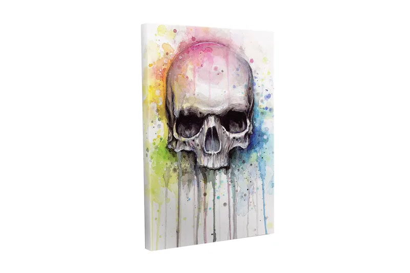 Lærredsbillede - Kranie med farverige akvarelstænk i baggrunden, Sort / Lyseblå / Gul
