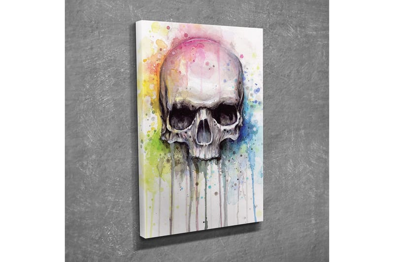 Lærredsbillede - Kranie med farverige akvarelstænk i baggrunden - Sort / Lyseblå / Gul - Boligtilbehør - Billeder & kunst - Billeder på lærred