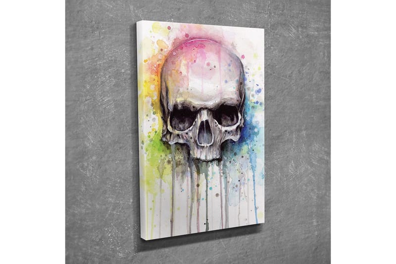 Lærredsbillede - Kranie med farverige akvarelstænk i baggrunden - Sort / Lyseblå / Gul - Boligtilbehør - Billeder & kunst - Billeder på lærred