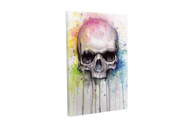 Lærredsbillede - Kranie med farverige akvarelstænk i baggrunden, Sort / Lyseblå / Gul