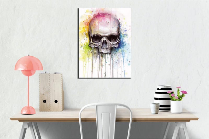 Lærredsbillede - Kranie med farverige akvarelstænk i baggrunden - Sort / Lyseblå / Gul - Boligtilbehør - Billeder & kunst - Billeder på lærred