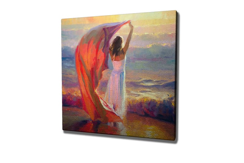 Lærredsbillede - Kvinde holder et rødt sjal op ved havet, Rød / Hvid / Blå