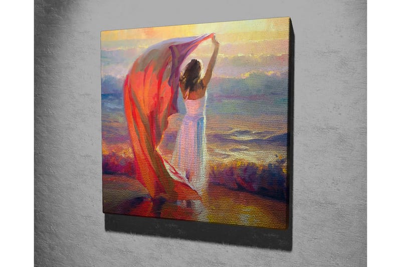 Lærredsbillede - Kvinde holder et rødt sjal op ved havet - Rød / Hvid / Blå - Boligtilbehør - Billeder & kunst - Billeder på lærred