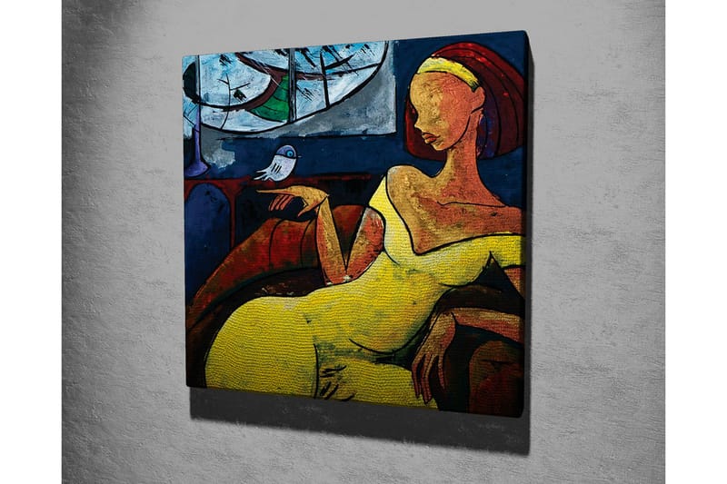 Lærredsbillede - Kvinde i gul kjole siddende med en fugl på hånden - Gul / Blå / Rød - Boligtilbehør - Billeder & kunst - Billeder på lærred