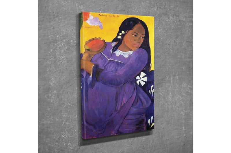 Lærredsbillede - Kvinde i lilla kjole med en frugt - Lilla / Gul / Hvid - Boligtilbehør - Billeder & kunst - Billeder på lærred