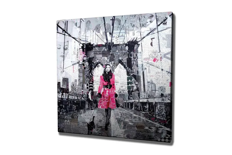 Lærredsbillede - Kvinde i lyserød frakke går med en kat på en bro, Lyserød / Sort / Grå