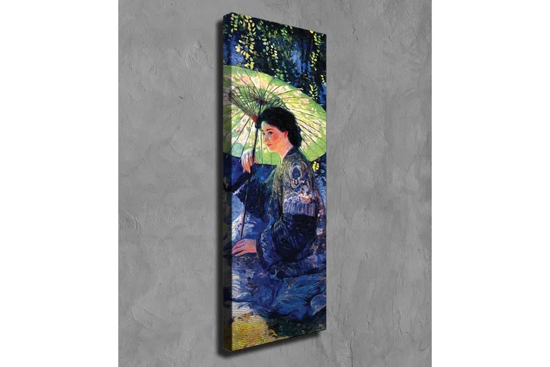 Lærredsbillede - Kvinde med parasol i et grønt miljø - Mørkeblå / Grøn / Sort - Boligtilbehør - Billeder & kunst - Billeder på lærred