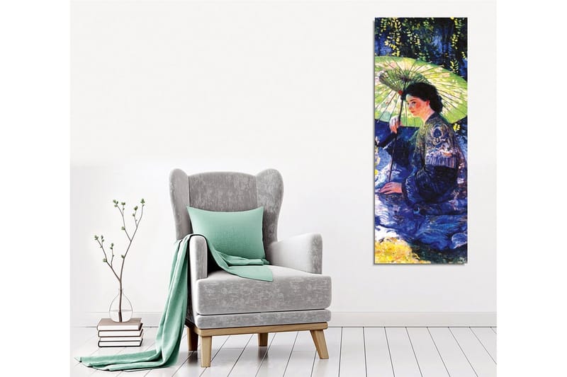 Lærredsbillede - Kvinde med parasol i et grønt miljø - Mørkeblå / Grøn / Sort - Boligtilbehør - Billeder & kunst - Billeder på lærred