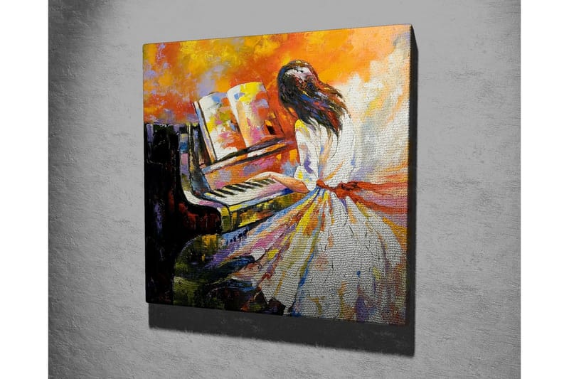 Lærredsbillede - Kvinde spiller klaver i farverige omgivelser - Orange / Hvid / Sort - Boligtilbehør - Billeder & kunst - Billeder på lærred