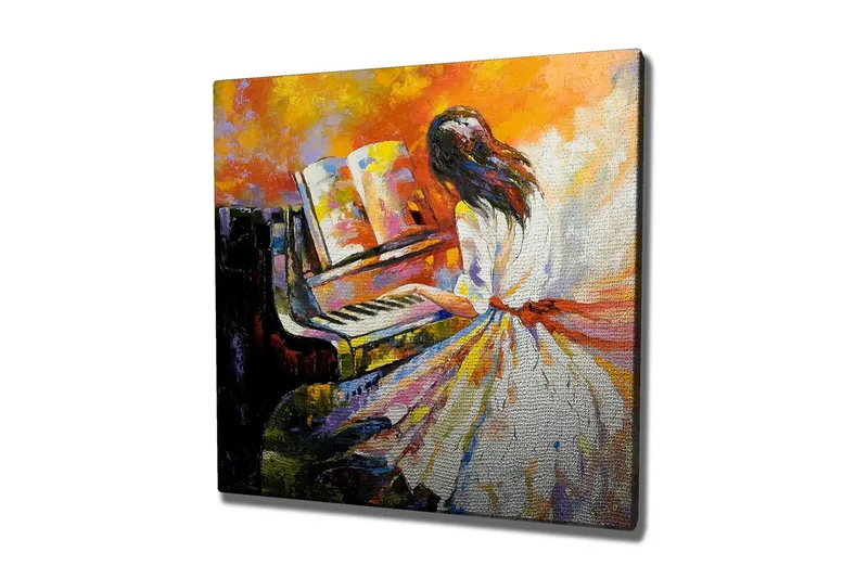 Lærredsbillede - Kvinde spiller klaver i farverige omgivelser, Orange / Hvid / Sort