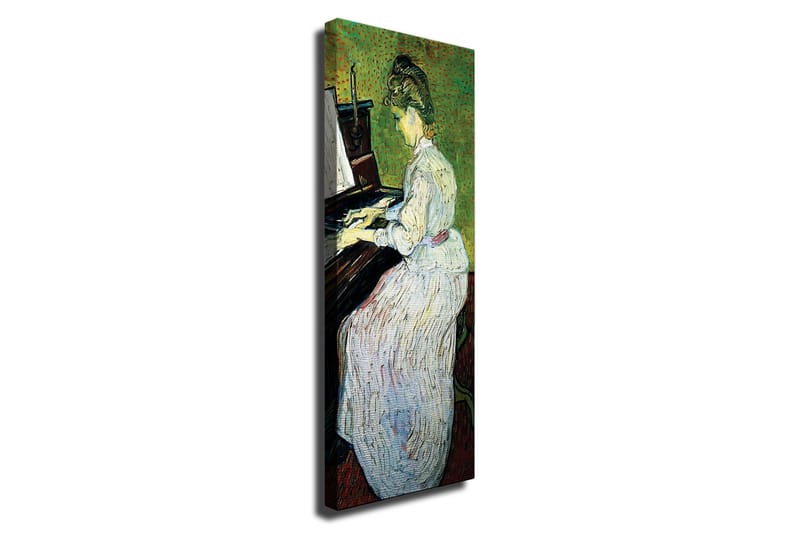 Lærredsbillede - Kvinde spiller klaver i hvid kjole, Grøn / Hvid / Brun