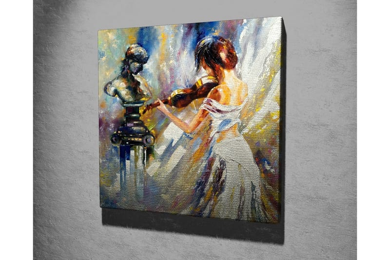 Lærredsbillede - Kvinde spiller violin med en skulptur i baggrunden - Hvid / Blå / Guld - Boligtilbehør - Billeder & kunst - Billeder på lærred
