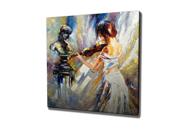 Lærredsbillede - Kvinde spiller violin med en skulptur i baggrunden, Hvid / Blå / Guld