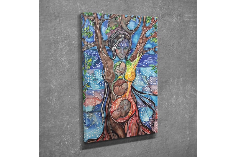 Lærredsbillede - Kvindefigur, der forener menneske og natur gennem træets rødder og grene - Grøn / Blå / Brun - Boligtilbehør - Billeder & kunst - Billeder på lærred
