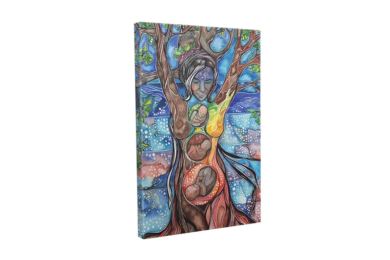 Lærredsbillede - Kvindefigur, der forener menneske og natur gennem træets rødder og grene, Grøn / Blå / Brun