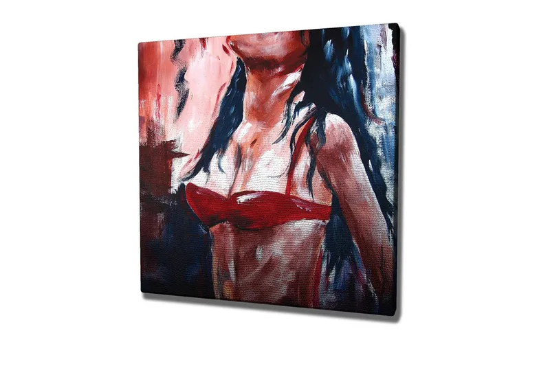 Lærredsbillede - Kvindefigur i rød bikini med mørkt hår, Rød / Sort / Hudtone