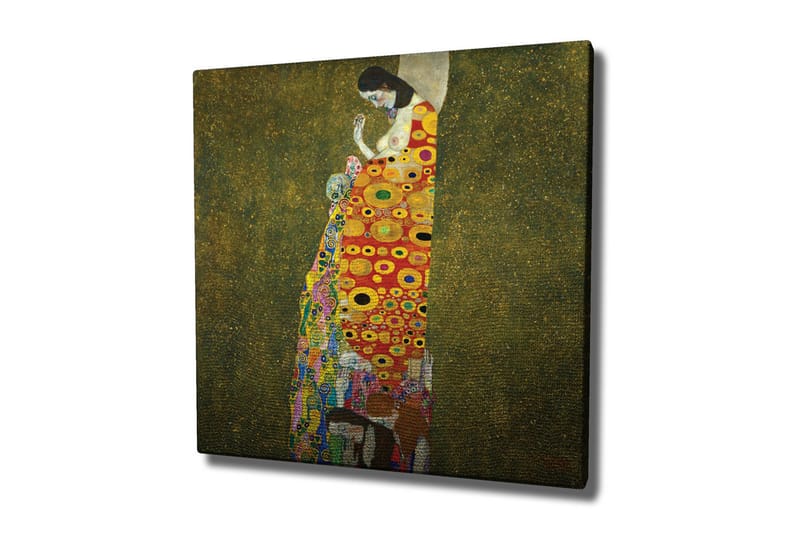 Lærredsbillede - Kvindefigur med farverig kjole dekoreret med cirkler og blomster, Rød / Gul / Grøn