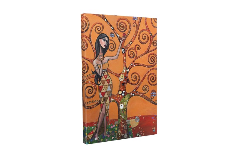 Lærredsbillede - Kvindefigur omgivet af snurrende trægrene, Orange / Grøn / Rød