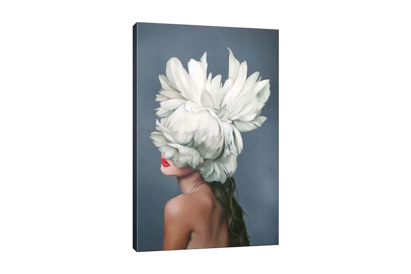 Lærredsbillede - Kvindelig silhuet med en stor hvid blomsterkrans, der dækker hendes ansigt, Hvid / Hudtone / Rød