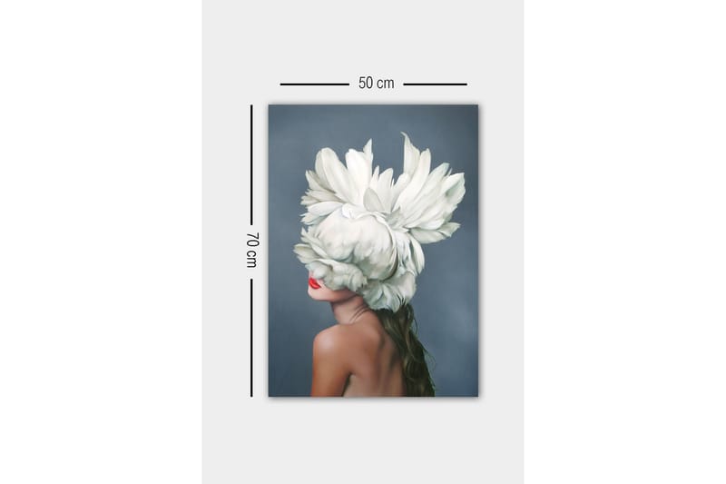 Lærredsbillede - Kvindelig silhuet med en stor hvid blomsterkrans, der dækker hendes ansigt - Hvid / Hudtone / Rød - Boligtilbehør - Billeder & kunst - Billeder på lærred