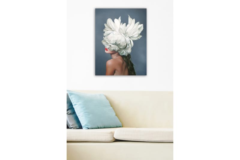 Lærredsbillede - Kvindelig silhuet med en stor hvid blomsterkrans, der dækker hendes ansigt - Hvid / Hudtone / Rød - Boligtilbehør - Billeder & kunst - Billeder på lærred