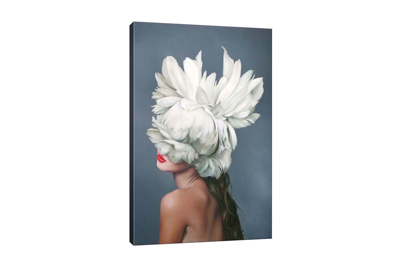 Lærredsbillede - Kvindelig silhuet med en stor hvid blomsterkrans, der dækker hendes ansigt, Hvid / Hudtone / Rød