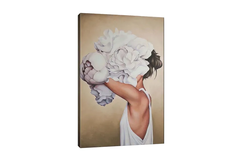 Lærredsbillede - Kvindelig silhuet med store hvide blomster, der skjuler hendes ansigt, Hvid / Beige / Lys pink