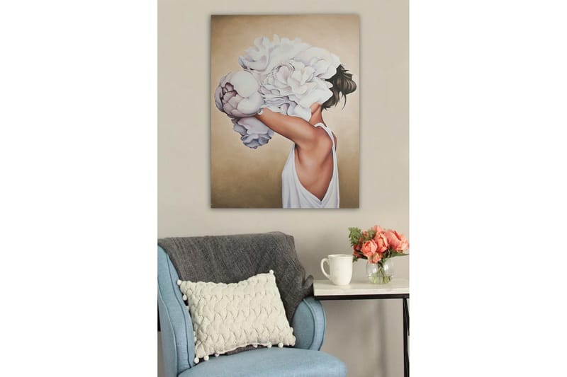 Lærredsbillede - Kvindelig silhuet med store hvide blomster, der skjuler hendes ansigt - Hvid / Beige / Lys pink - Boligtilbehør - Billeder & kunst - Billeder på lærred