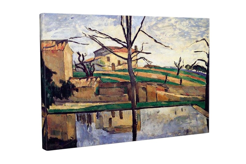 Lærredsbillede - Landskab med hus og spejling i vand, Grøn / Beige / Blå