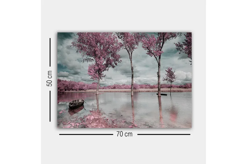 Lærredsbillede - Lyserøde træer ved en spejlblank sø med en båd i forgrunden - Lyserød / Grå / Blå - Boligtilbehør - Billeder & kunst - Billeder på lærred