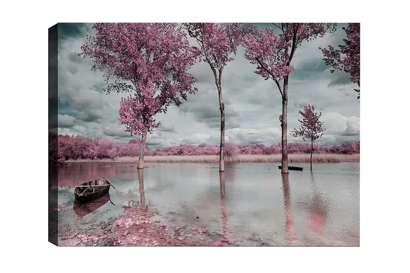 Lærredsbillede - Lyserøde træer ved en spejlblank sø med en båd i forgrunden, Lyserød / Grå / Blå