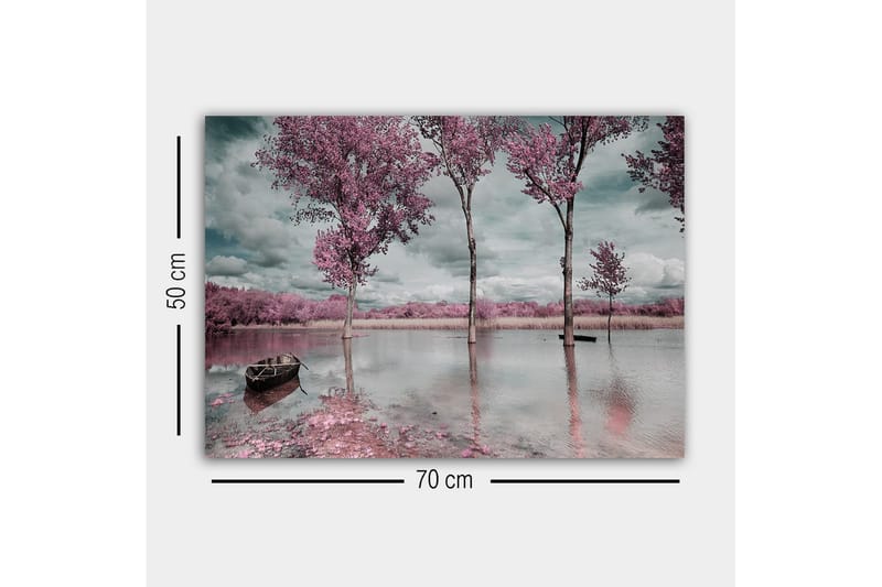 Lærredsbillede - Lyserøde træer ved en spejlblank sø med en båd i forgrunden - Lyserød / Grå / Blå - Boligtilbehør - Billeder & kunst - Billeder på lærred