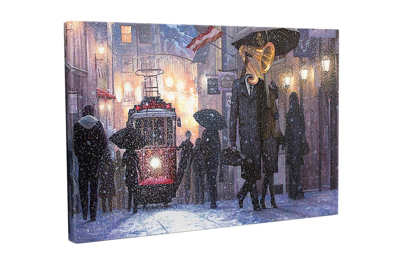Lærredsbillede - Mørk byscene med en gammeldags sporvogn og folk med paraplyer i snefald, Mørkeblå / Rød / Grå