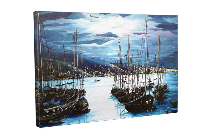 Lærredsbillede - Mørke sejlbåde i en stille havn under en dramatisk himmel, Mørkeblå / Sort / Lyseblå