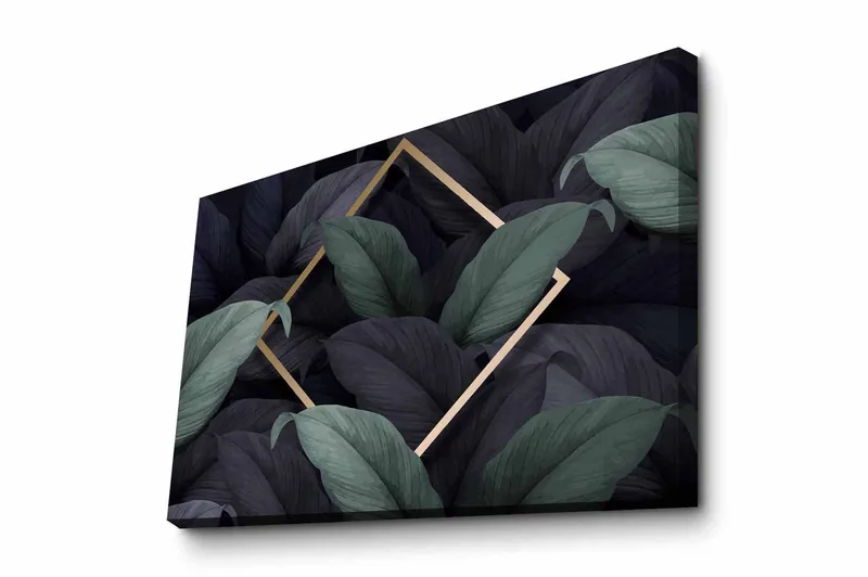 Lærredsbillede - Mørkegrønne og sorte blade i en elegant komposition, Mørkegrøn / Sort / Guld